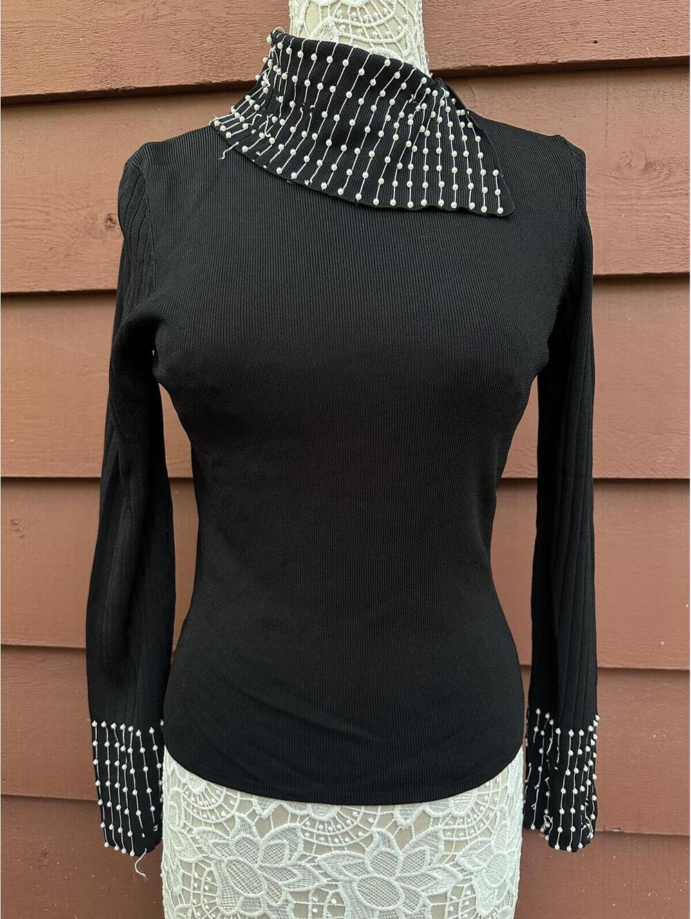 CABO Black Beaded Mock Neck Long Sleeve Top Y2K Glam Statement